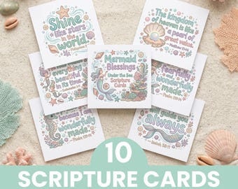 Mermaid Scripture Cards for Girls, Bible Verse Cards for Kids, Christian Lunchbox Notes, Printable Memory Verse Cards, Under the Sea Theme