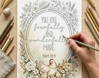 Christian Adult Coloring Page, Chicken Bible Verse Farm Scripture Printable