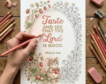 Christian Adult Coloring Page, Psalm 34:8 Printable Scripture Coloring Page Strawberry Theme