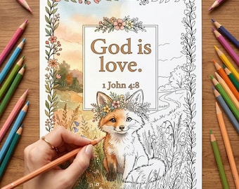Scripture Adult Coloring Page, God Is Love Fox Bible Verse Christian Printable