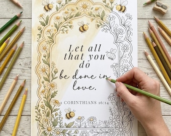 Scripture Adult Coloring Page, Floral Bee Bible Verse Christian Printable Love