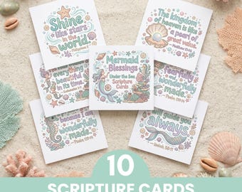 Mermaid Scripture Cards for Girls, Bible Verse Cards for Kids, Christian Lunchbox Notes, Printable Memory Verse Cards, Under the Sea Theme
