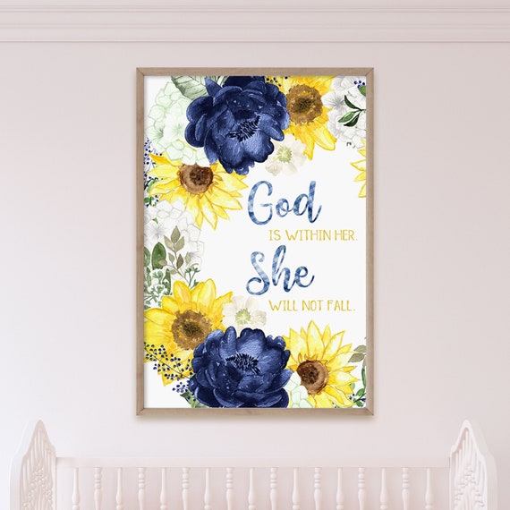 Blue Floral And Sunflower Nursery Decor God Is Withing Her Nursery Wall Art Girl Printable Nursery Wall Decor Digital Download