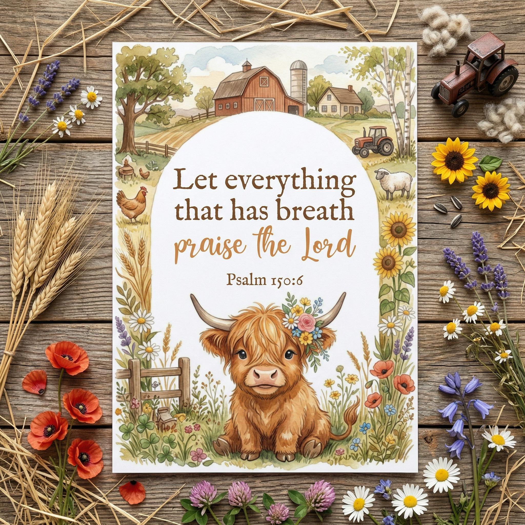 Farm Bible Verse Printable for Girls, Psalm 150 Scripture Card ...