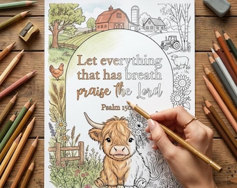 Christian Adult Coloring Page, Psalm 150:6 Printable Scripture Coloring Page Farm Animal Theme