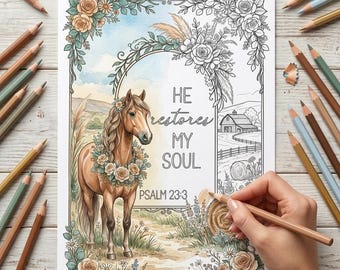 Christian Adult Coloring Page, Psalm 23:3 Printable Scripture Coloring Page Farm Theme
