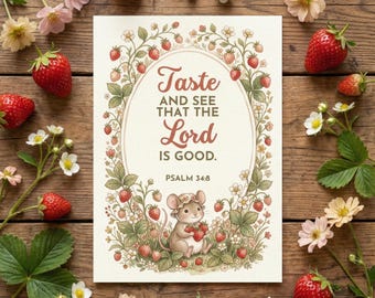Kids Bible Verse Printable, Strawberry Mouse, Psalm 34:8 Scripture Card, Nursery Decor, Girls Scripture Card, Children's Memory Verse Card