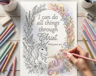 Unicorn Scripture Adult Coloring Page, Printable Christian Bible Verse Coloring Page