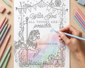 Christian Adult Coloring Page, Matthew 19:26 Printable Scripture Coloring Page Carousel Theme