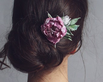 Pink peony flower hair pin - Peony flower hair clip - Wedding hair accessory - Roses twig bobby pin - Unique accessory