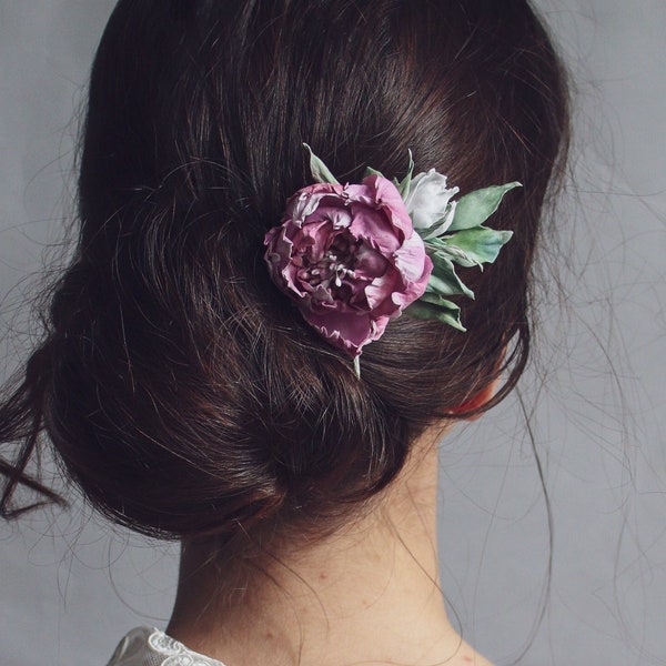 Épingle à cheveux fleur de pivoine rose - Pince à cheveux fleur de pivoine - Accessoire capillaire de mariage - Épingle à cheveux en brindille de roses - Accessoire unique