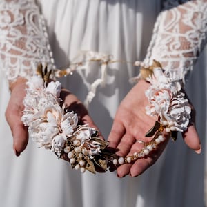 FLOWER CROWN, WEDDING Crown, Ivory Roses Bridal Hair Piece Set Gift For Women, Modern Hair Jewelry, Wedding Flower Wreath An Corsage Crown image 1