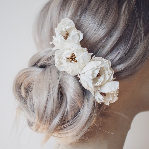 Peine de pelo nupcial - Pieza de pelo floral - Enredadera de pelo de boda - Pin de pelo de flor blanca - Pinza de pelo de oro