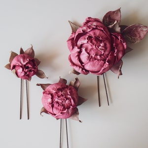 Pink peony hair pin Set of 3 flower hair pin Wedding hair accessory Bridal headpiece Floral hair pin Peony hair clip image 2