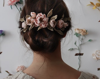 Peach peony flower hair vine - Flower hair pins - Greenery hair piece - Wedding hair accessory - Floral crown - Flower hair comb