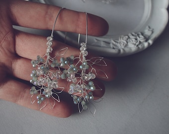 Silver bridal earrings, Glassy beads earrings, Wire twigs jewellery, Silver wedding jewelery