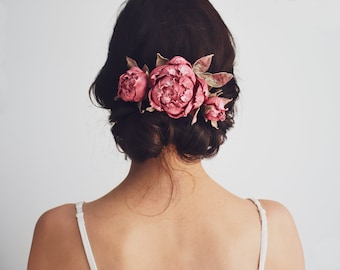 Pink peony hair pin - Set of 3 flower hair pin - Wedding hair accessory - Bridal headpiece - Floral hair pin - Peony hair clip