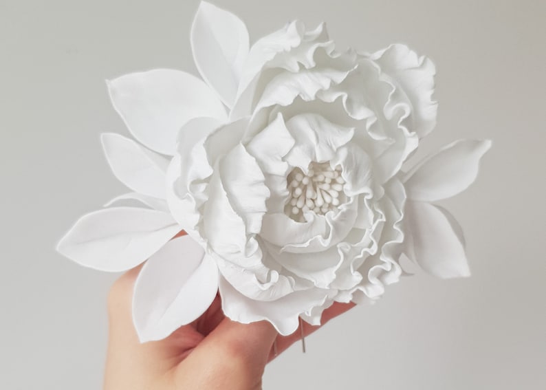 White peony hair pin White flower hair clip Wedding accessories image 2