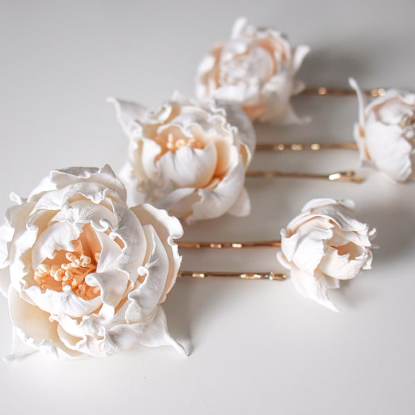 Bridal hair pins - Set of 5 flower hair pins - Wedding hair accessory - Peony hair pins for women - Hair clip for thick hair