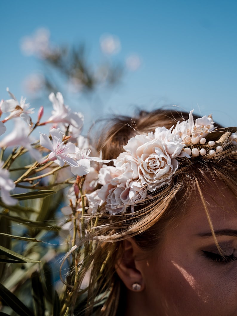 FLOWER CROWN, WEDDING Crown, Ivory Roses Bridal Hair Piece Set Gift For Women, Modern Hair Jewelry, Wedding Flower Wreath An Corsage Crown image 4