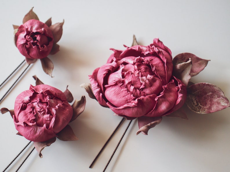 Pink peony hair pin Set of 3 flower hair pin Wedding hair accessory Bridal headpiece Floral hair pin Peony hair clip image 3