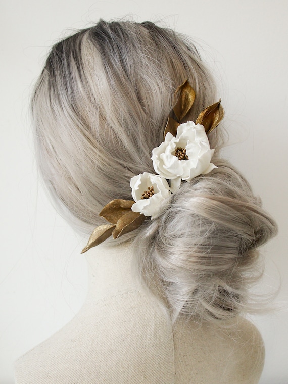 Elegant White Floral Hair Pins Bridal Hair Pin of Ivory Fabric Flowers and Pearls  main image 2