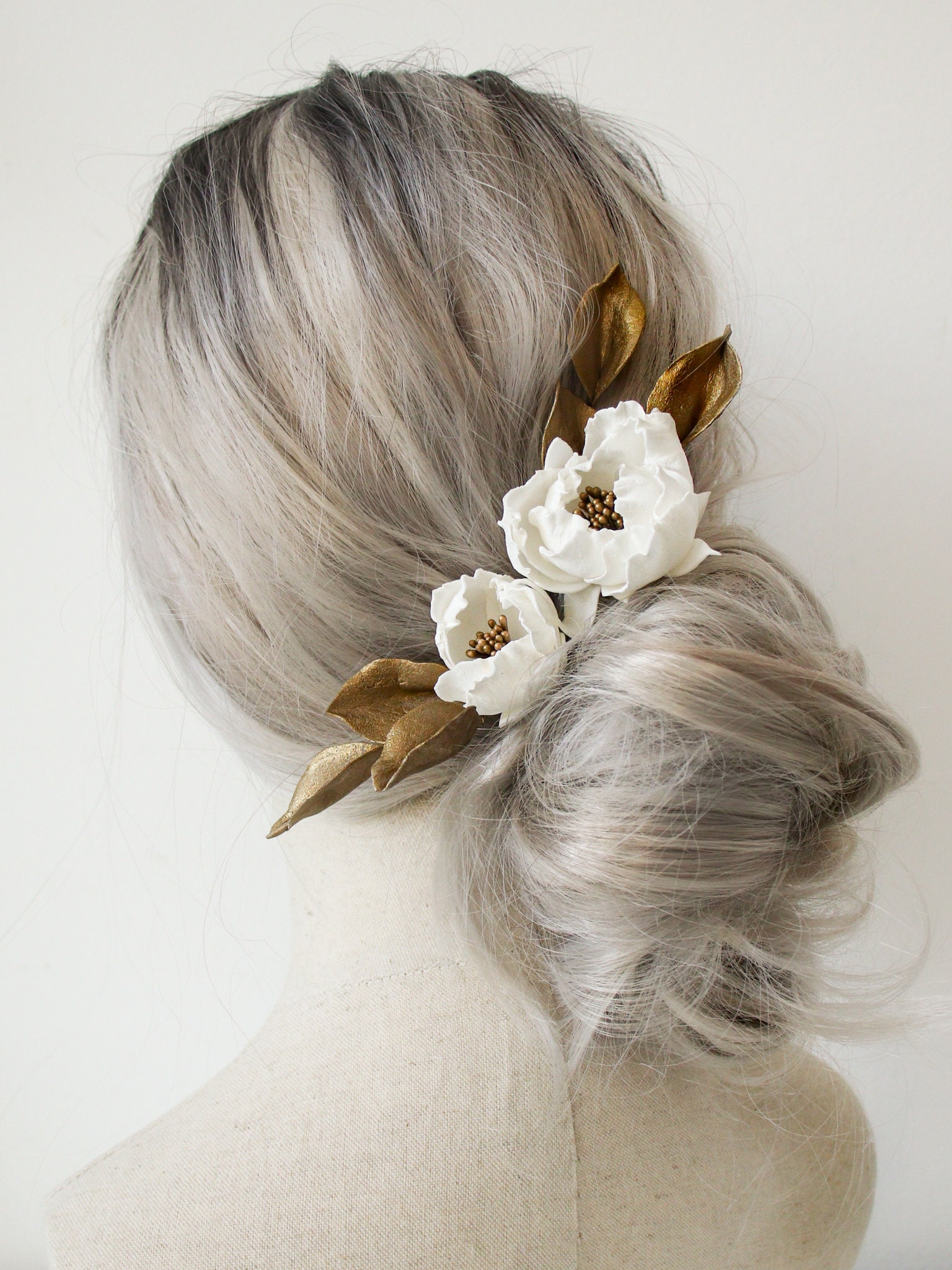 White and Gold Floral Hair Accessory Amazon.com : BERYUAN White Flower Gold Leaf Hair Clip Floral  main image 3