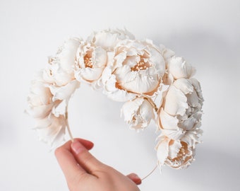 Peony flowers bridal headband - Big flowers for hair - Floral headpiece - Ivory hair piece - Wedding hair accessory - Tiara, fascinator