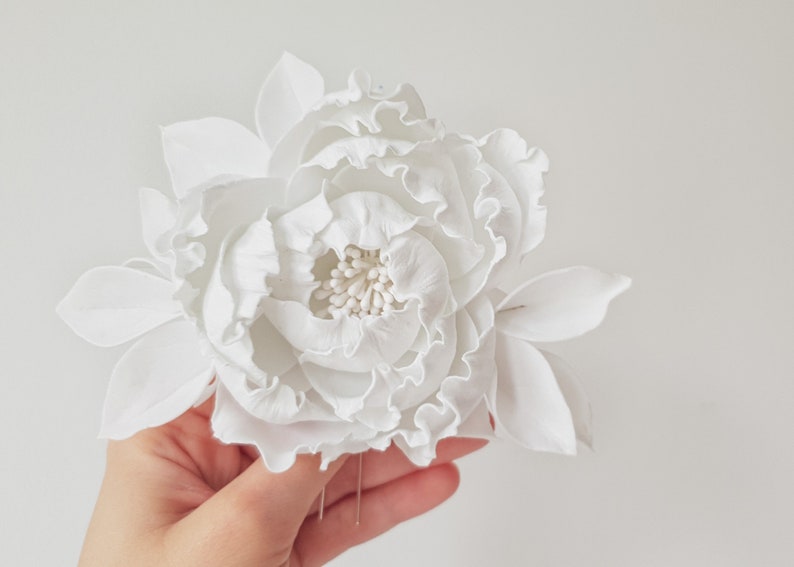 White peony hair pin White flower hair clip Wedding accessories image 3