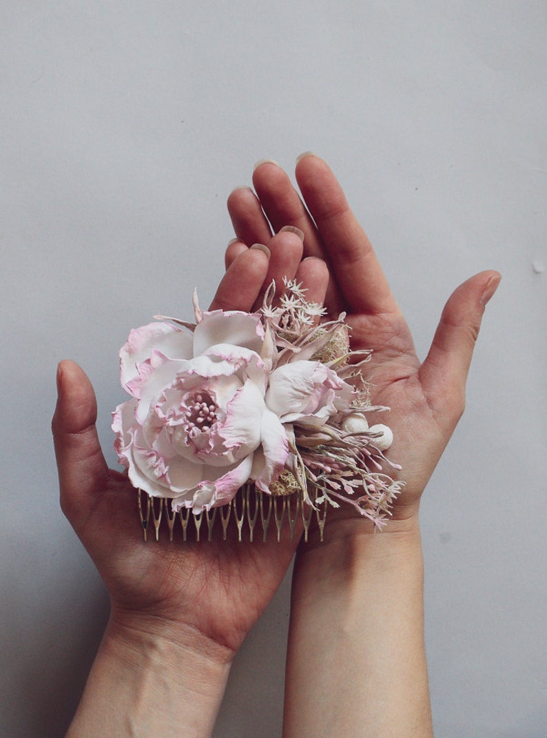 Bridal flower hair comb Wedding hair accessory Pink roses hair comb White peony hair comb Ivory peony hair comb 画像 2