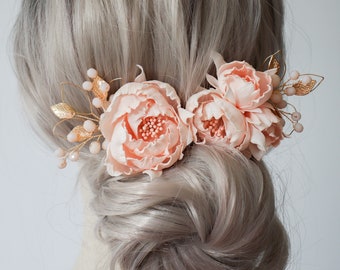 Épingles à cheveux de fleur de mariée - Accessoire de cheveux de mariage - Pince à cheveux florale - Pince à cheveux dorée - Casque de mariage - Épingle à cheveux Peach Peony