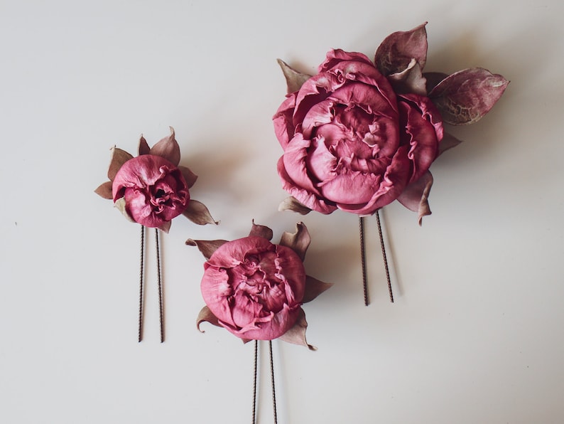 Pink peony hair pin Set of 3 flower hair pin Wedding hair accessory Bridal headpiece Floral hair pin Peony hair clip image 2