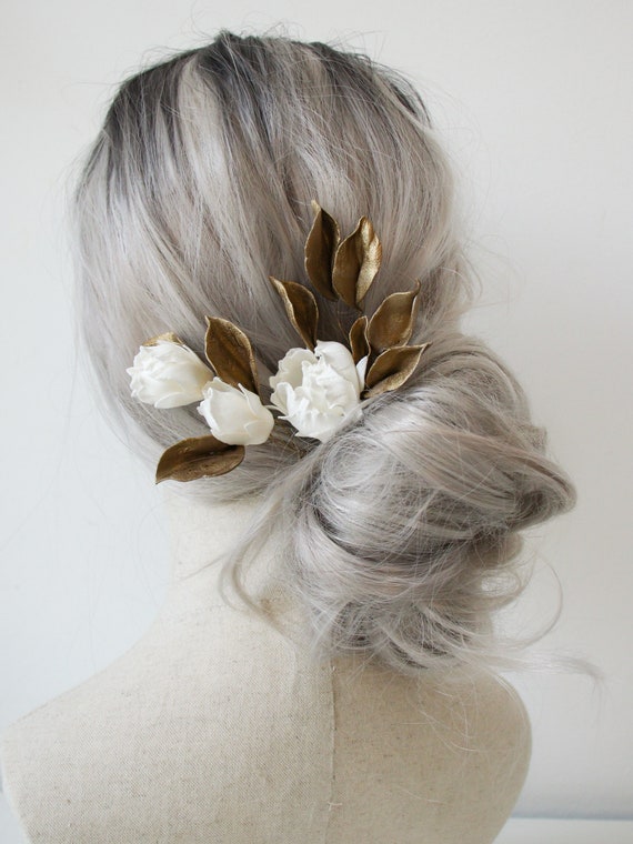 Elegant White Floral Hair Piece Handmade Organza Flower Bridal Hair Piece – Lace Leaves  main image 4