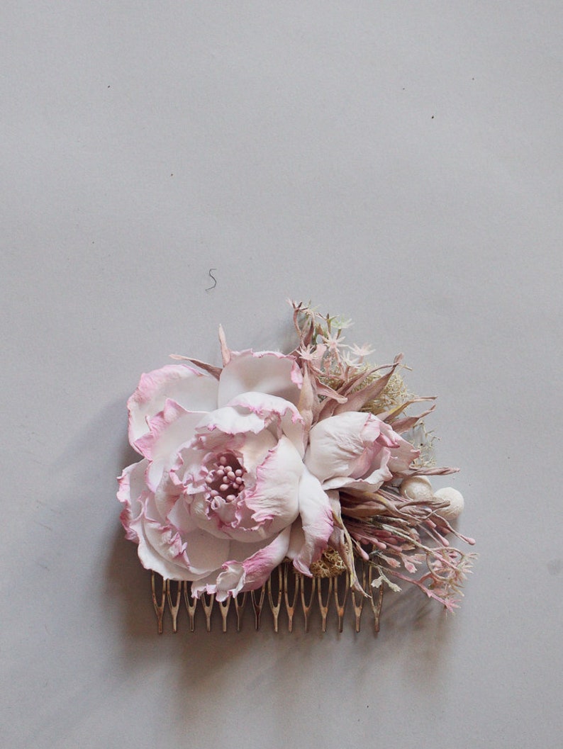 Bridal flower hair comb Wedding hair accessory Pink roses hair comb White peony hair comb Ivory peony hair comb 画像 3