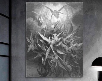 Angels Fighting, Mythology Antique Print, Battle Heaven & Hell on Canvas, Religious Decor, Black White Modern Wall Art, Jesus Christ