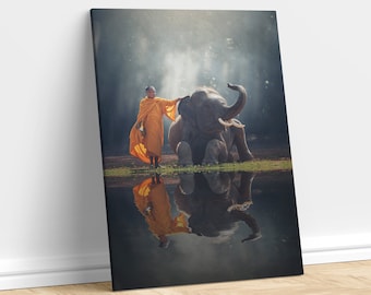 Elephant and Monk Canvas Print: Peaceful Buddhist Jungle Art