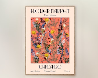 Flower Market Chicago Art Print, Retro Flower Art, Botanical Floral Art Print, Boho Plant Wall Art, Minimalist Kitchen wall art