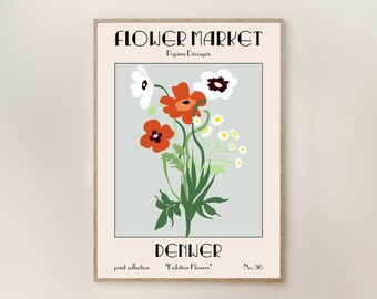 Flower Market Denver Art Print, Retro Flower Art, Botanical Floral Art Print, Boho Plant Wall Art, Minimalist Kitchen wall art