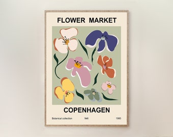 Flower Market Copenhagen Art Print, Bohemian Decor Retro Art, Botanical Floral Art Print, Boho Plant Wall Art, Minimalist Kitchen wall art