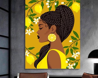 African-American Woman with Lemon, Kitchen Melanin Art, Black Girl Portrait, Africa Art, Black Queen Home Decor, Afro Queen Canvas