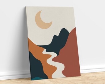 Boho Abstract Landscape Canvas, Mid Century Moon Mountain Art, Terracotta River Wall Decor, Earthy Minimalist Print, Boho Gift