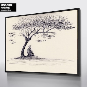 May include: A black and white line drawing of a person meditating under a tree. The drawing is on a cream-colored background.