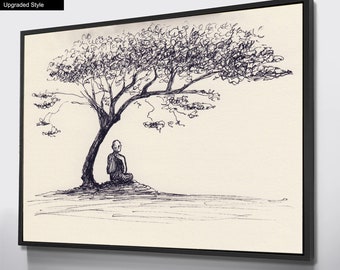 Big Buddha under Tree Sketch, Buddhist Monks Gift, Sanskrit Tibetan Poster, Yoga Studio Image, Meditation Spiritual Buddha Yoga Zen Present
