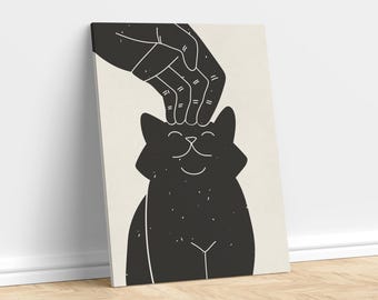 Black Cat Line Art Canvas, Minimalist Cat Lover Wall Decor, Scandinavian Block Print, Cozy Cat Mom Gift, Modern Pet Wall Art
