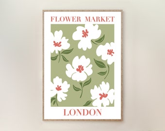 Flower Market London Art Print, Bohemian Decor Retro Art, Botanical Floral Art Print, Boho Plant Wall Art, Minimalist Kitchen wall art