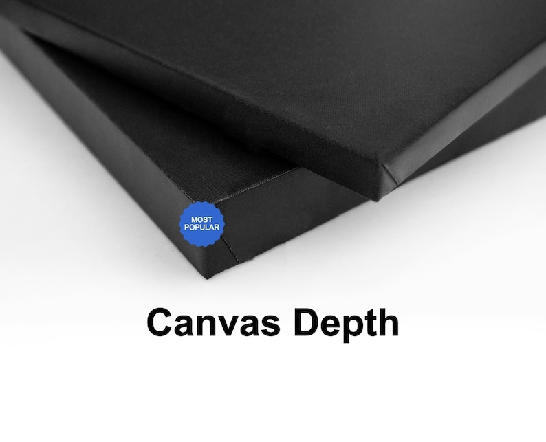May include: Close-up of two black canvas panels, showcasing the depth of the canvas. The text "Canvas Depth" is displayed below the panels. A blue sticker with the text "MOST POPULAR" is in the corner.