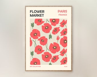 Flower Market Paris Art Print, Poppies Retro Flower Art, Botanical Floral Art Print, Boho Plant Wall Art, Minimalist Kitchen wall art