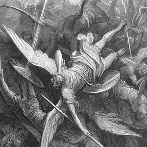 May include: A black and white engraving depicting a chaotic scene of winged figures in motion. Several figures with feathered wings are shown in various poses, some holding shields and spears, amidst swirling clouds and streaks of light.