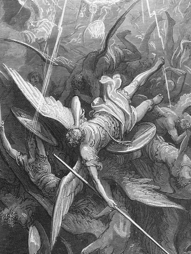 May include: A black and white engraving depicting a chaotic scene of winged figures in motion. Several figures with feathered wings are shown in various poses, some holding shields and spears, amidst swirling clouds and streaks of light.