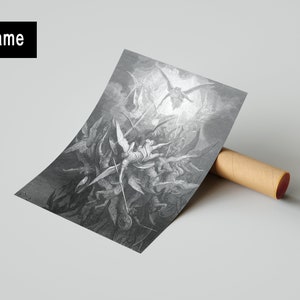 May include: A black and white art print featuring a detailed engraving of a battle between winged figures, with a central figure holding a spear. The print is rolled next to a brown cardboard tube, and a black box with the text No Frame is visible.